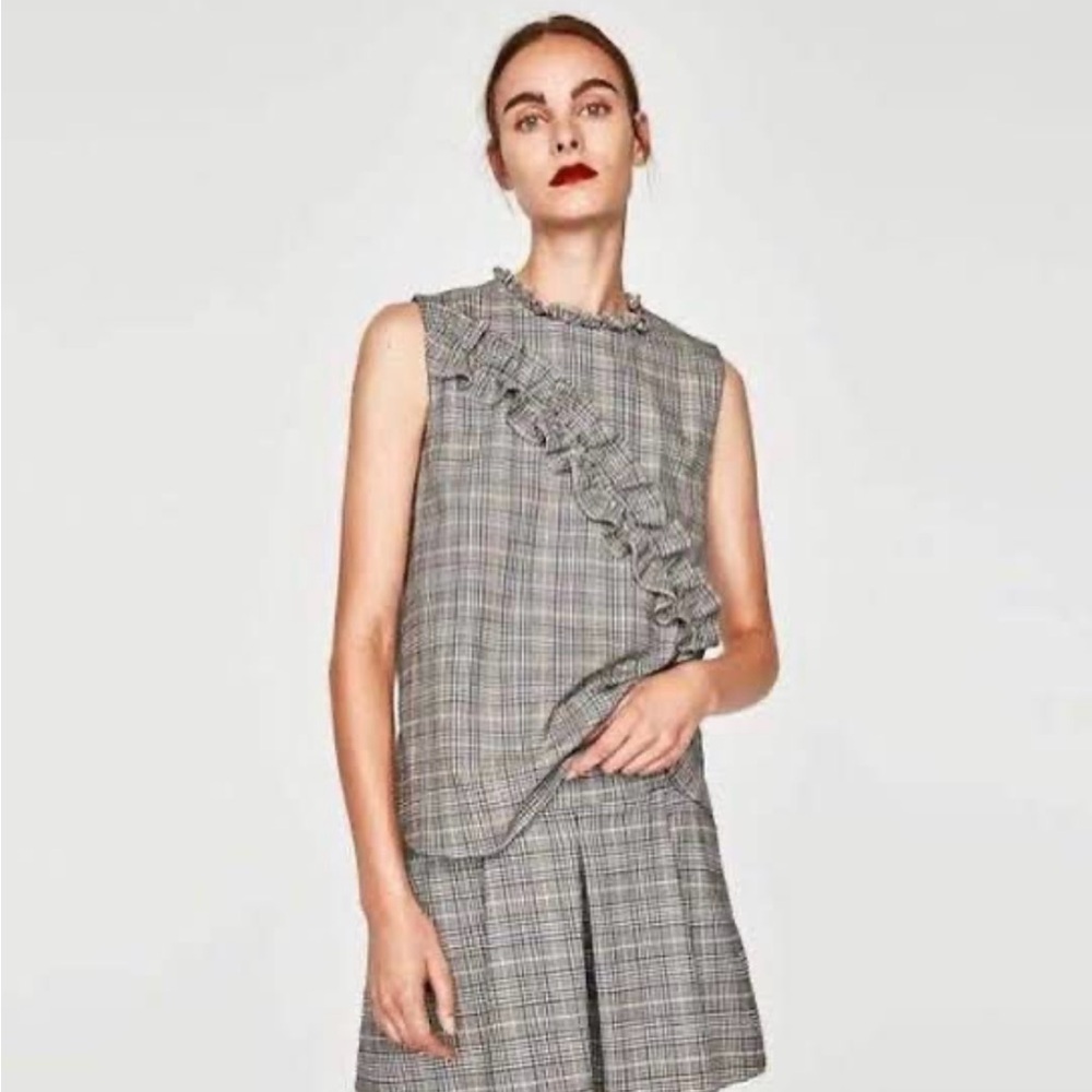 Zara Plaid Ruffle Collar and Sleeveless Top with Diagonal Ruffle NWOT Size S